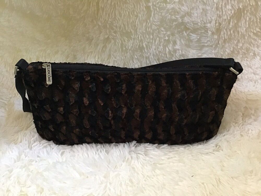 Lancome Womens Brown Black Textured Crushed Velvet Baguette Shoulder Bag Purse